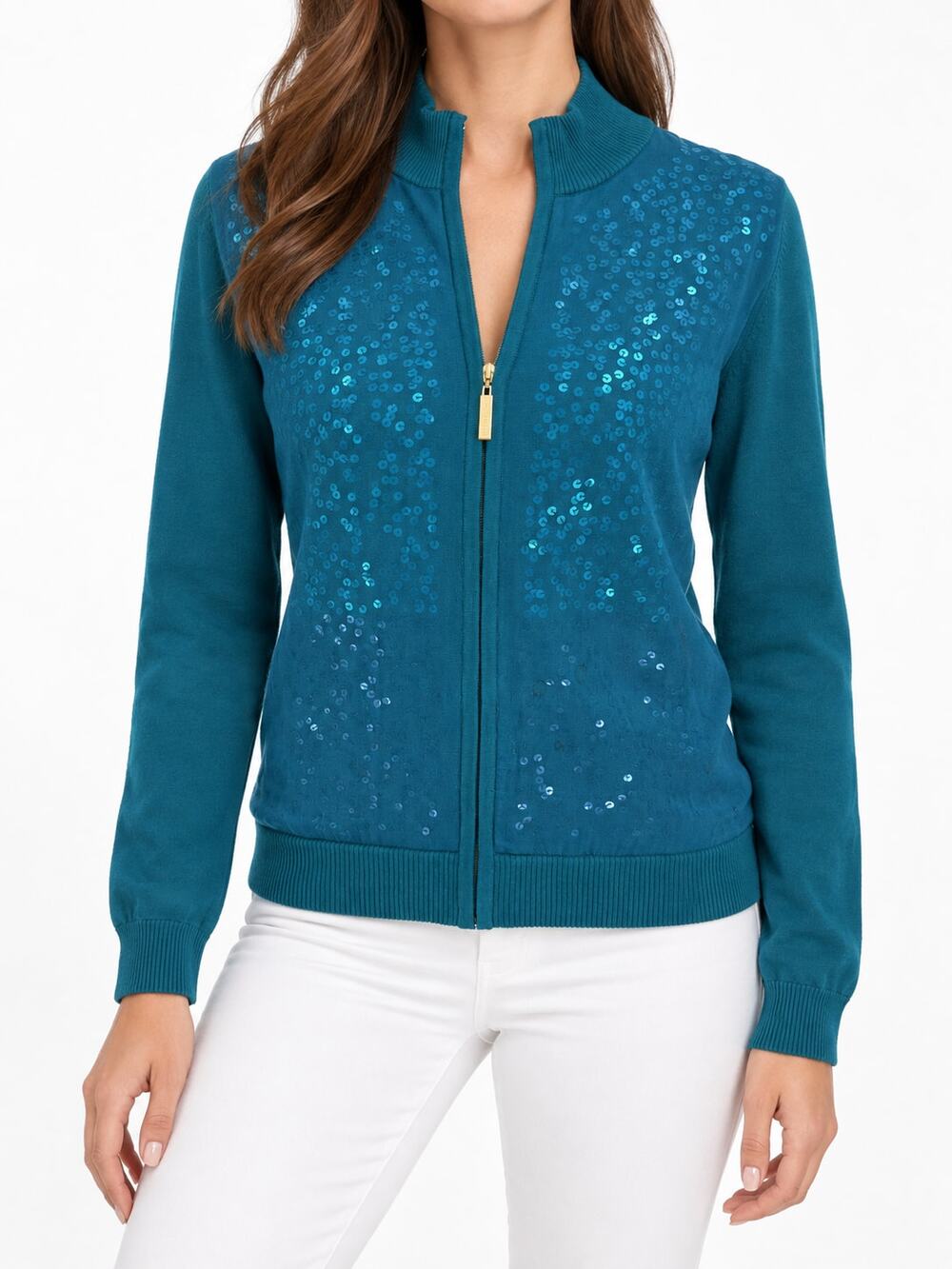 St. John Women's Teal Sequin Zip Knit Jacket Cardigan Small Designer Knitwear